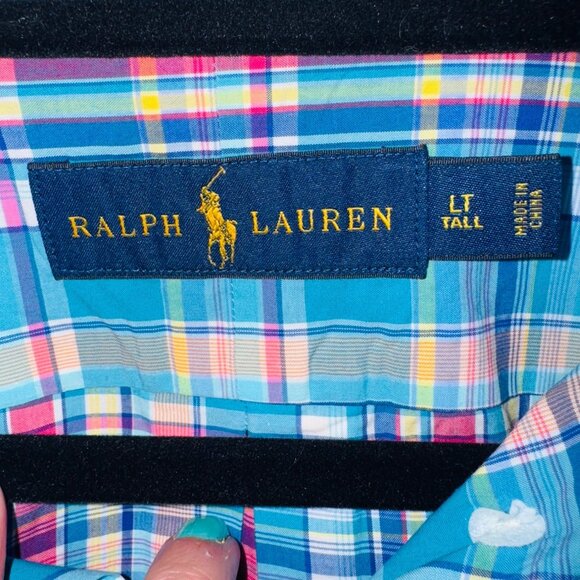 Ralph Lauren Mens Preppy LT Tall Blue Multicolor Plaid Button-Up Shirt Cotton - Picture 3 of 5
